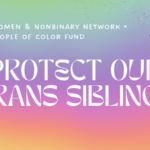 A graphic that says: Autistic Women & Nonbinary Network x Autistic People of Color Fund: Protect Our Trans Siblings. It’s on a hazy rainbow gradient background. In the corners are illustrations--one is of pink and blue flowers, and the next is of an abstract pink-and-blue design.